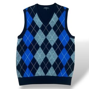 Express Argyle Golf Sweater Vest Merino Wool Knit Men's L Blue Grey Rhombus
